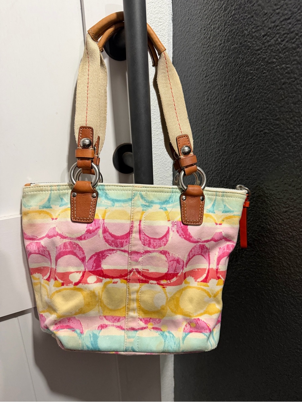 Coach Multicolor Signature Print Canvas Tote with Tan Leather Trim - Picture 2 of 9
